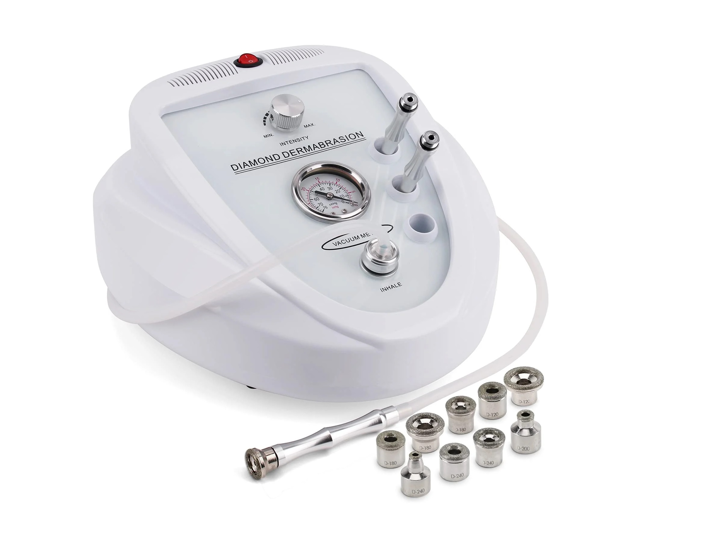 Close-up of a microdermabrasion machine with a wand attachment.